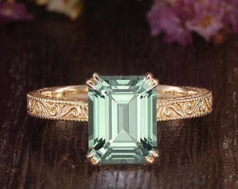 Vintage Emerald Cut Green Sapphire Engagement Ring Unique Engraved scroll Yellow Gold weeding Ring Act deco Victorian Milgrain Promise Rings