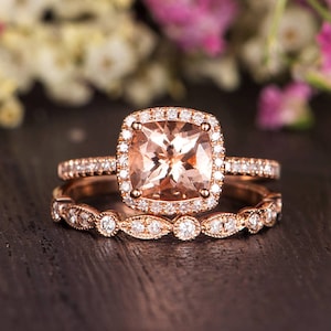 Morganite Engagement Ring Rose Gold Bridal Set Wedding Cushion Cut Art Deco Diamond Halo Antique Retro Wedding Band Women Custom Order 2pcs