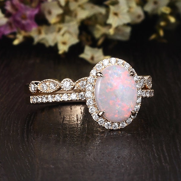 Natural Australian White Opal Bridal Set 2pcs Art Deco Ring Gold Ring Opal Engagement Ring Diamond Moissanite Halo Birthstone Ring Stacking