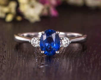 Natural Sapphire Engagement Ring Three Stones Ring Natural Diamonds September Birthstone Ring White Gold Custom Anniversary Gift For Women