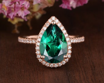 Pear Shaped Lab Emerald Engagement Ring Rose Gold Engagement Ring Vintage Woman Natural Diamond Halo 4ct Emerald Cocktail Ring Anniversary