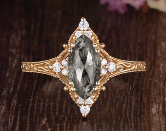 Salt & Pepper Diamond Engagement Ring Art Deco Engraved Vine Leaf Marquise Solid Gold Cluster Ring Vintage Hand Carved Milgrain Promise Ring