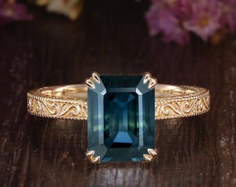 Vintage Emerald Cut Teal Sapphire Engagement Ring Unique Victorian Solid Gold Ring Dainty Engraved Milgrain Promise Ring Anniversary Gifts