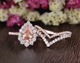 Vintage Pear Shape Morganite Engagement Ring Rose Gold Halo Ring Moissanite Bridal Set Double Curved Wedding Band Women Unique Gift For Her