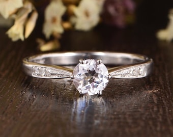 White Gold Engagement Ring Solitaire 5mm White Topaz Ring White Gold Bridal Ring Diamond Classic Wedding Ring Anniversary Gift for her