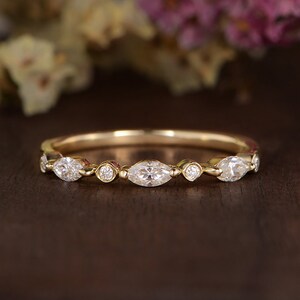 Unique Moissanite Wedding Band Women Matching Wedding Ring Gold Stacking Band Promise Ring Marquise Moissanite Antique Ring Bezel Set Gift