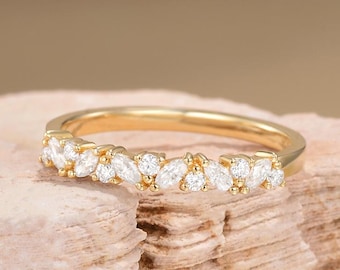 Marquise Moissanite Wedding band Women Diamond Cluster Wedding Ring Art Deco Yellow Gold Half Eternity Stacking Promise Ring Vintage Gift