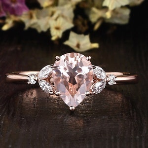 Vintage Morganite Engagement Ring Pear Shaped Rose Gold Cluster Ring Unique Solitaire Ring Peachy Morganite Ring Wedding Rings For Women