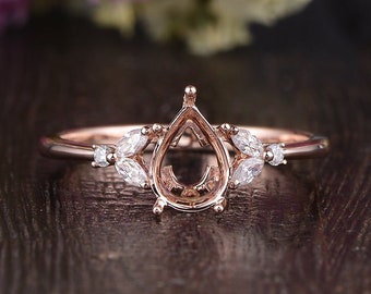Pear Shaped Ring Setting Custom Engagement Ring Semi Mount Leafy Ring Marquise Diamond Moissanite Cluster Ring Setting Antique Shape Choice