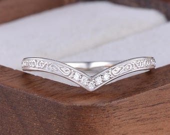 Moissanite Curved Wedding Band Two Tone Solid Gold Peekaboo Stackable Matching Ring Art Engraved Wedding Ring Custom Rings For Women