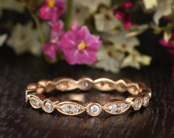 Art Deco Wedding Band Women Antique Ring Rose Gold Stacking Diamond Wedding Ring Promise Ring FULL Eternity Vintage Anniversary Gift For Her