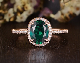 Lab Emerald Engagement Ring Antique Rose Gold Ring May Birthstone Diamond Oval Cut Wedding Women Anniversary Gift Promise Bridal Retro Ring