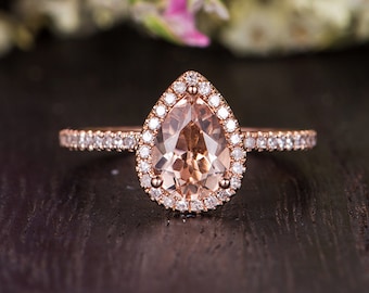 Pear Shaped Engagement Ring Morganite Ring Rose Gold Engagement Ring Pear Cut Wedding Ring Peachy Morganite Ring Anniversary Gift Custom
