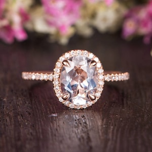 Oval Cut White Topaz Engagement Ring Rose Gold Birthstone Ring Bridal Half Eternity Diamond Antique Anniversary Women Promise Engraving Ring