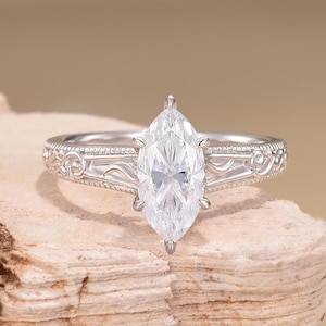 Antique Marquise Moissanite Engagement Ring Lab Diamond Vintage Inspired Ring Filigree Promise Ring Handmade Jewelry Unique Anniversary Gift