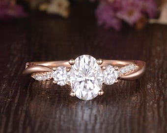 Vintage Oval Moissanite Engagement Ring Unique Rose Gold Twist Pave Wedding Ring Dainty Half Eternity Promise Ring Anniversary Gift For Her