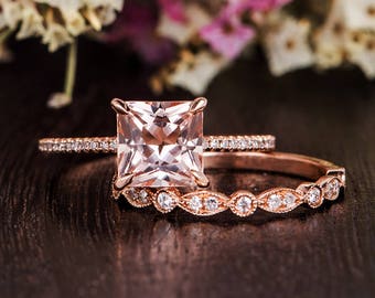 Unikat Morganit Ring Rose Gold Art Deco Ehering Frauen Braut Set Princess Cut Morganit Verlobung Diamant Antik Jahrestag 2Stk