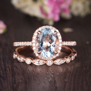 Aquamarine Engagement Ring Rose Gold Ring Set March Birthstone Oval Cut Aquamarine Ring Bridal Diamond Antique Anniversary Women Wedding 2pc