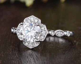 6mm Art Deco Engagement Ring Moissanite Flower Engagement Ring Antique White Gold Unique Vintage Ring Anniversary Gift Her Vine Halo Ring