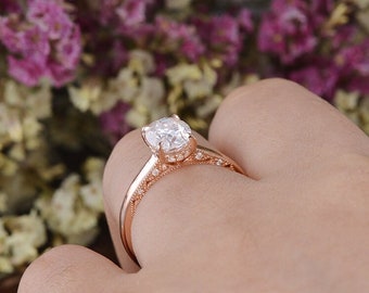 Oval Moissanite Ring Solitaire Engagement Ring Rose Gold Moon Phase Engraved Inside The Ring Hidden Halo Vintage Moissanite Ring Women Gift