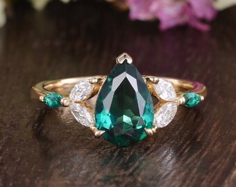Lab Emerald Engagement Ring Pear Shaped Emerald Wedding Ring Yellow Gold Diamond Ring Marquise Emerald Ring Antique Cluster Moissanite Ring