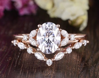 Rose Gold Engagement Ring Moissanite Oval Cut Ring Bridal Engagement Rings Sets Diamond Ring Antique Cluster Leafy Flower Ring Women 2pcs