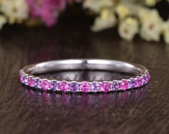 Pink Tourmaline Wedding Band Women White Gold Pave Band Half Eternity Amethyst Band Ring Minimalist Delicate Ring Colorful Gemstone Ring