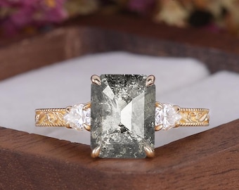 Engraved Emerald Cut Salt & Pepper Diamond Engagement Ring Solid Gold Victorian Vine Filigree Milgrain Bridal Ring Anniversary Gift For Her