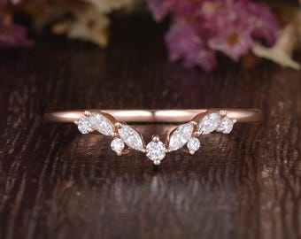 Art Deco Marquise Moissanite Wedding Band Vintage Yellow Gold Stacking Rings For Women Half Eternity Curved Wedding Band Personalized Gift