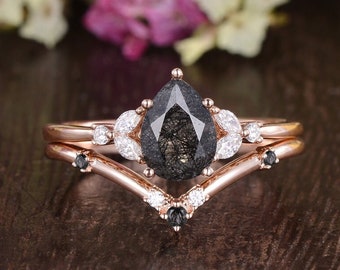 Pear Rutilated Engagement Ring Set Rose Gold Black Crystal Wedding Ring Set 2pcs Black Stone Quartz Ring For Women 6 Prongs Gift For Her