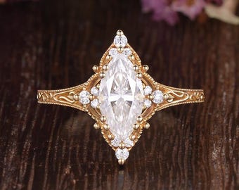 Art Deco Marquise Moissanite Halo Engagement Ring Vintage Filigree Scroll Solid Gold Wedding Ring Milgrain Cluster Engraved Promise Ring