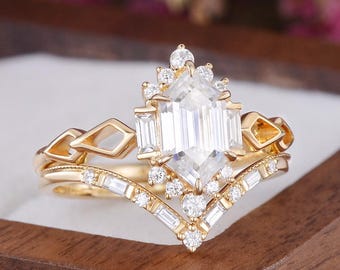 Unique Moissanite Engagement Ring Set Emerald Cut Handmade Twisted V Shape Pavé Wedding Band Bridal Set Romantic Sparkling Jewelry for Women