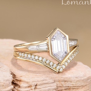 Hexagon Moissanite Bridal Ring Set Bezel Engagement Ring Baguette Art Deco Moissanite Double Chevron Wedding Band Vintage Anniversary Gift