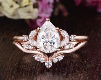 Unique Moissanite Engagement Ring Set Pear Moissanite Ring Bridal Sets Rose Gold Wedding Ring Art Deco Ring Marquise Cluster Ring For Women