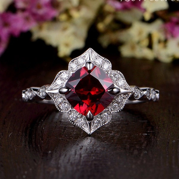 Lab Ruby Bague de Fiançailles Art Déco Bride Or Blanc Bague de Fiançailles Coussin Coupé Lab Rubis Diamant Femmes Cerf-volant Sertissage Juillet Birhtstone Marquise