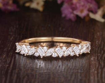 Vintage  Moissanite  Wedding Band Art Deco Marquise Baguette Yellow Gold Half Eternity Bridal Band Cluster Stacking Anniversary Gift For Her