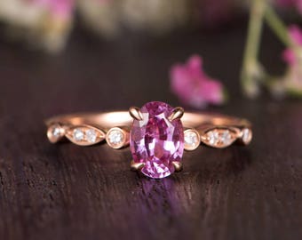 Rose Gold Engagement Ring Oval Cut Pink Sapphire Stacking Eternity Antique Art Deco Retro Solitaire Anniversary Women Promise Birthstone
