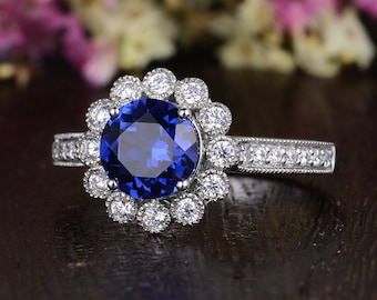 Flower Engagement Ring Unique White Gold Wedding Ring Lab Sapphire Milgrain Art Deco Antique Ring Half Eternity Halo Band Beaded Handmade