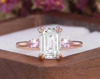 2ct Emerald Cut Lab Diamond Engagement Ring Double Claw Prong Three Stone Pink Sapphire Accents Vintage Inspired Hidden Gallery Promise Ring