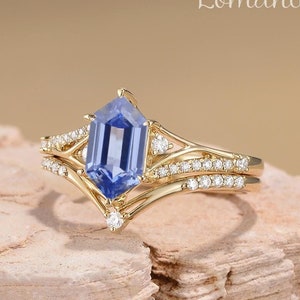 Hexagon Cornflower Sapphire Bridal Ring Set Moissanite Split Band Engagement Ring Diamond Curved Wedding Band Women Vintage Jewelry Gift