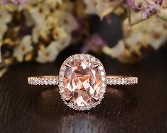 Oval Morganit Verlobungsring Antike Rose Gold Diamant Ehering Halo Frauen Jahrestag Geschenk Versprechen Braut Individuell Retro