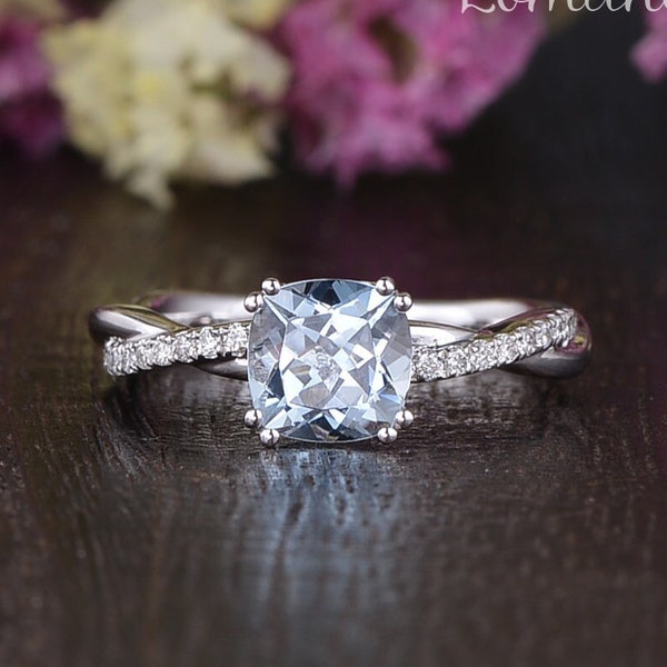Unique Aquamarine Engagement Ring Bridal Ring White Gold Diamond Infinity Antique Retro March Birthstone Anniversary Promise Women Cushion