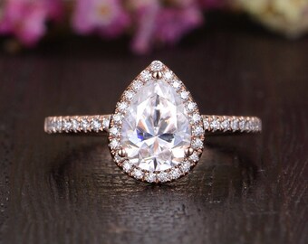1.2ct Moissanite Engagement Ring Rose Gold Pear Shaped Half Eternity Ring Engagement Band Antique Halo Anniversary Women Engagement Ring
