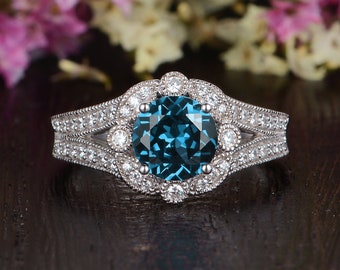 London Blue Topaz Engagement Ring Antique Flower Engagement Ring White Gold Moissanite Split Shank Double Milgrain Band Art Deco Engagement