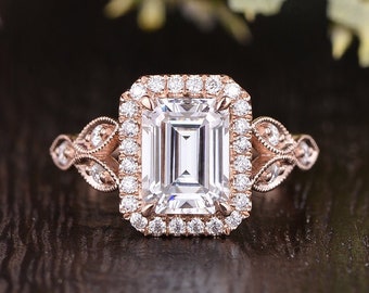 Unique Engagement Ring 2ct Emerald Cut Moissanite Engagement Flower Art Deco Engagement Ring Cluster Leafy Ring Vine Peekaboo Milgrain Ring