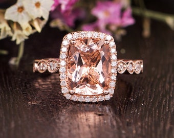 Morganite Ring Rose Gold Engagement Ring 7x9mm Cushion Cut Morganite Ring Antique Diamond Halo Retro Anniversary Promise Women Art Deco