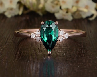 May Birthstone Ring Pear Shaped Engagement Ring Lab Emerald Ring Diamond Cluster Ring Rose Gold Emerald Jewelry Promise Anniversary Ring