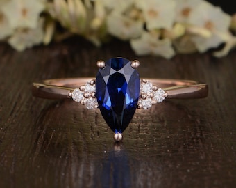 Pear Shaped Engagement Ring Rose Gold Antique Lab Sapphire Ring Unique Solitaire Cluster Ring Pear Cut Birthstone Paved Diamond Women Ring