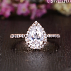 1.2ct Moissanite Engagement Ring Rose Gold Pear Shaped Half Eternity Ring Engagement Band Antique Halo Anniversary Women Engagement Ring