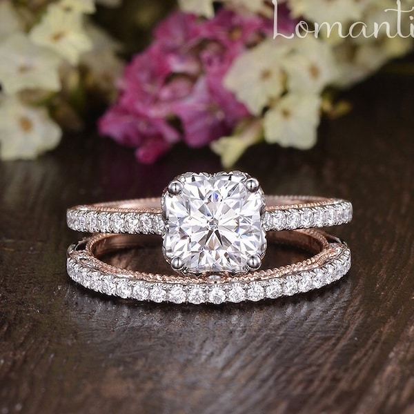 Filigree 1ct Moissanite Engagement Ring Set Cushion Cut Peekabo Art Deco Wedding Ring Milgrain Diamond Bridal Sets Mixed Metal Ring  2pcs